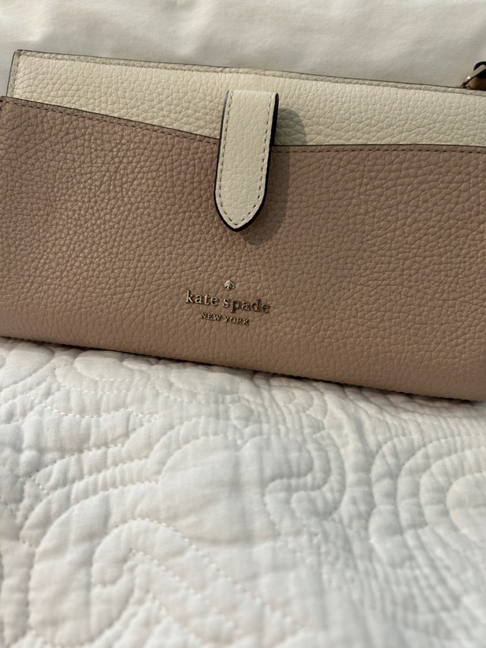 kate spade Two-Tone Pebbled Leather Wallet in Taupe and Cream
